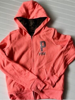 PINK Victoria's Secret Coral Zip Hoodie with Glitter Love Pink on back